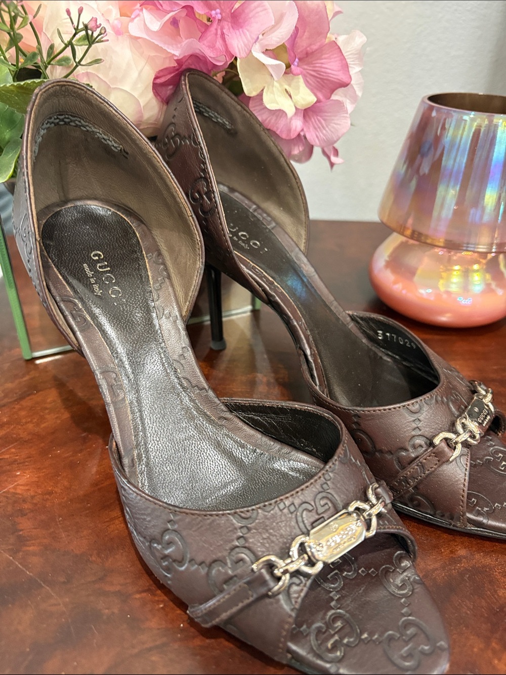 Gucci Brown Monogram Leather D'Orsay Heels with Gold Hardware